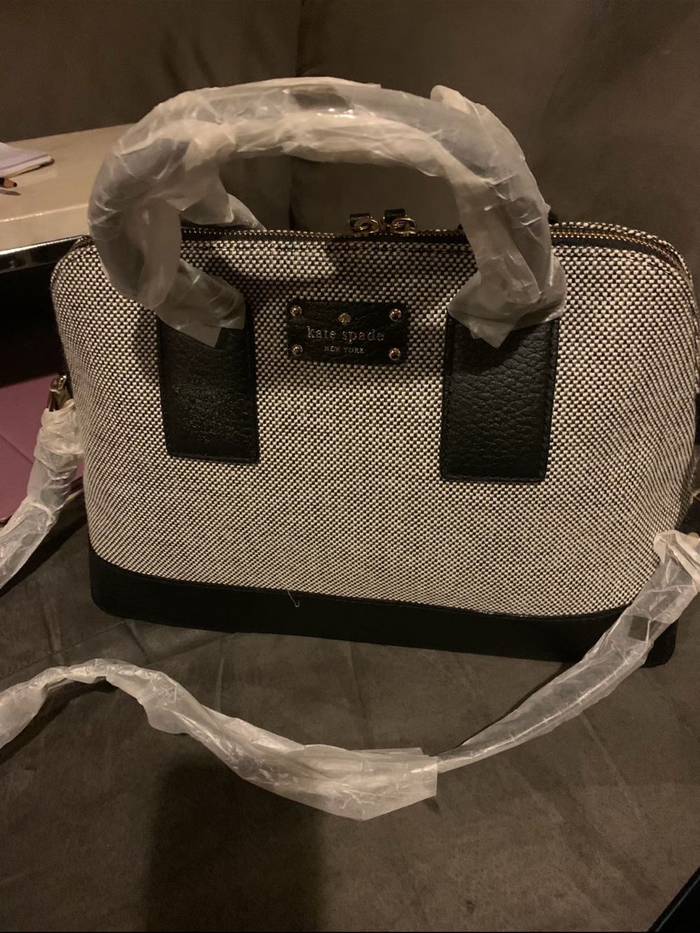 kate spade Black & White Textured Dome Satchel with Gold Plaque Jenny bag